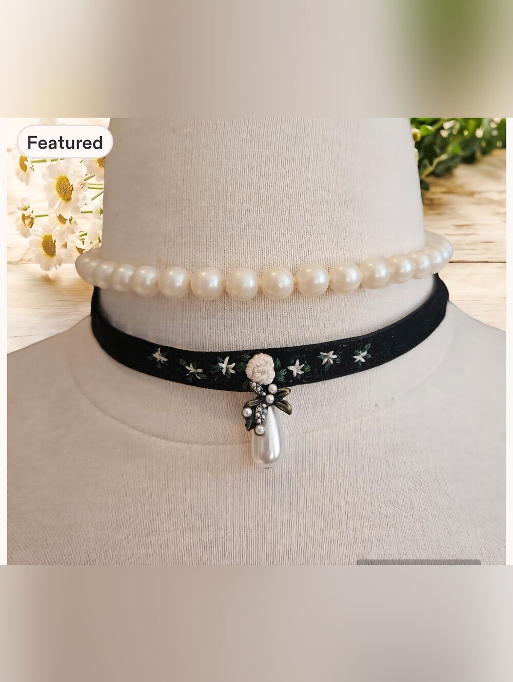 Pearl Drop Floral Hand Embroidered Black Velvet Choker